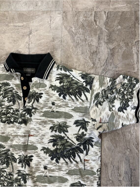 Vintage 90s Knightsbridge All Over Golf Print Polo Shirt Men L Palm Tree Cotton